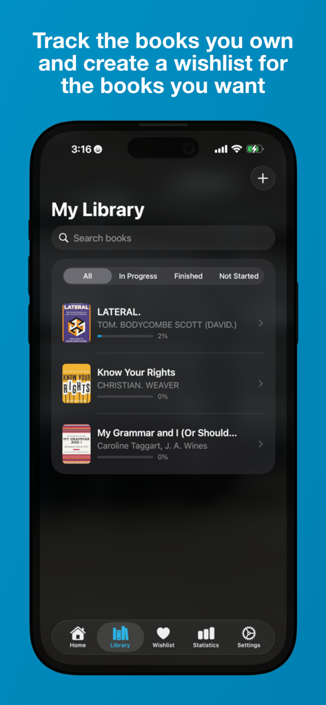 Una interfaz móvil que muestra la pantalla Mi Biblioteca de la aplicación Biblioteca de Libros con títulos de libros y barras de progreso de lectura.