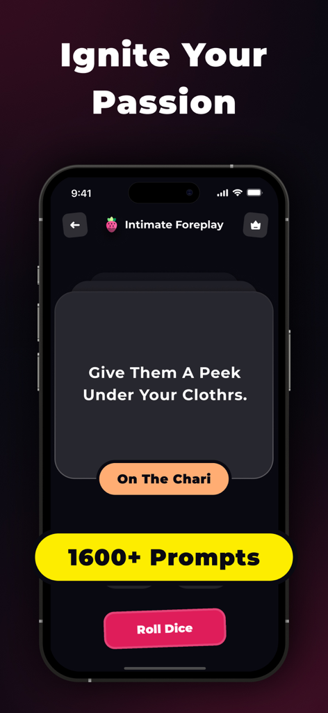 Sex Dice for Couples - XDice - XDice App-Oberfläche, die eine romantische Vorspielaufforderung für Paare zeigt