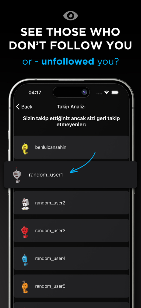 Unfollowers –No Login Required - A mobile interface from the Unfollowers app showing a list of Instagram users who do not follow back.