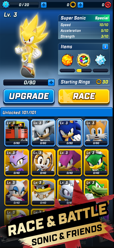 Pantalla de selección de personajes en Sonic Forces que muestra a Super Sonic y una cuadrícula de personajes jugables desbloqueados.