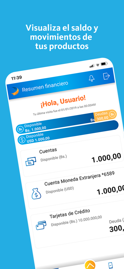 Mercantil Banco - Financial summary screen of the Mercantil Banco app showing balances in Bolívares and USD.
