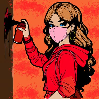 realistic girl with mask spray painting a wall