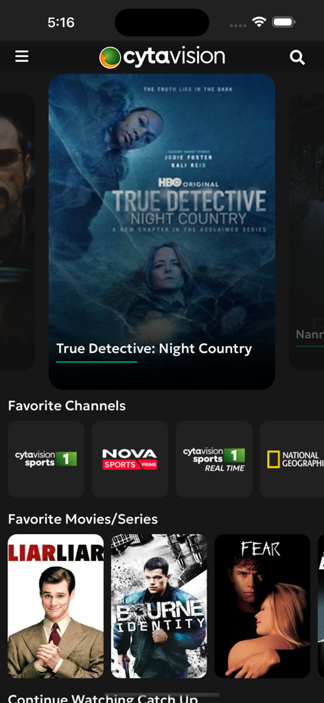 CytavisionGo app interface showing movies and favorite sports channels