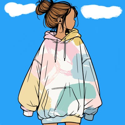 realistic girl with a oversized sweatshirt on and a bun