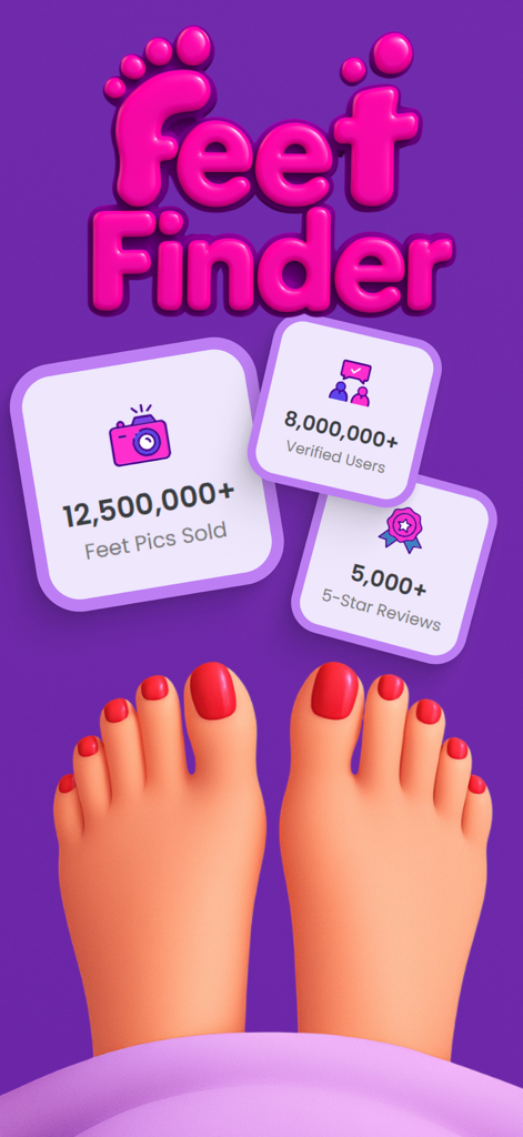 FееtFiηdеr Inventory app - FeetFinder Inventory app promotional screen showing user statistics and foot illustrations on a purple background