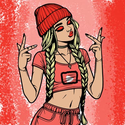 realistic teenage girl with braids and a beanie and crop top doing 🫶🏼