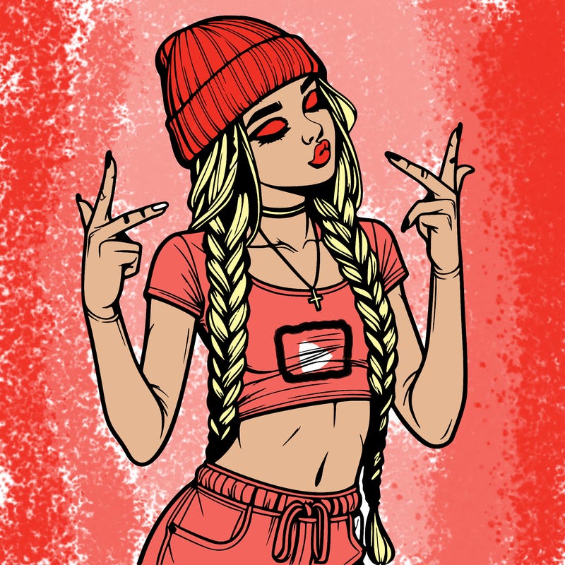 realistic teenage girl with braids and a beanie and crop top doing 🫶🏼