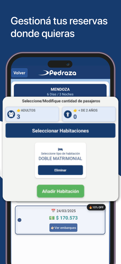 Pedraza Travel and Tourism - Interfaz de la aplicación Pedraza Travel que muestra el proceso de selección de pasajeros y tipos de habitación para una reserva de viaje.