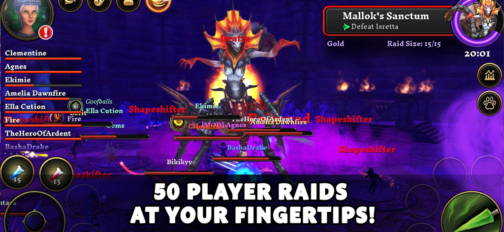 Villagers & Heroes - Des joueurs participant à une bataille de raid fantastique massive contre un boss dans Villagers and Heroes.