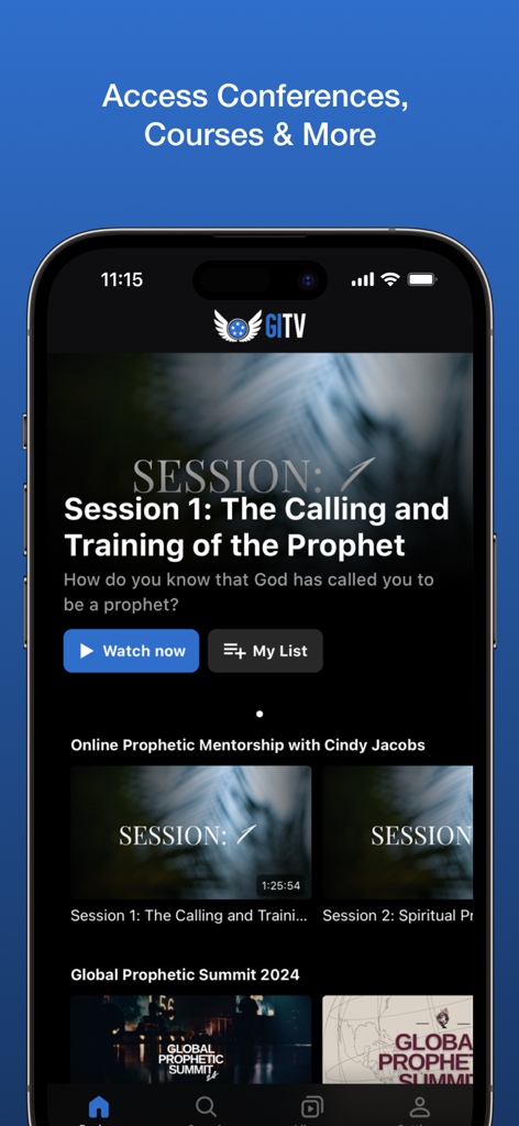 Generals TV - Interfaz de la aplicación móvil Generals TV que muestra sesiones de mentoría y entrenamiento profético.