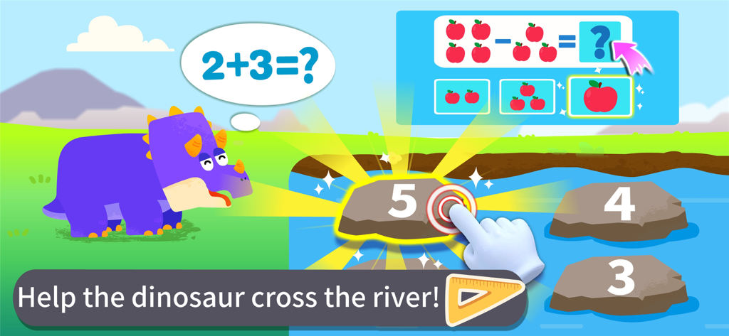 A cartoon dinosaur needing help to cross a river by solving a math addition problem in a kids learning app.