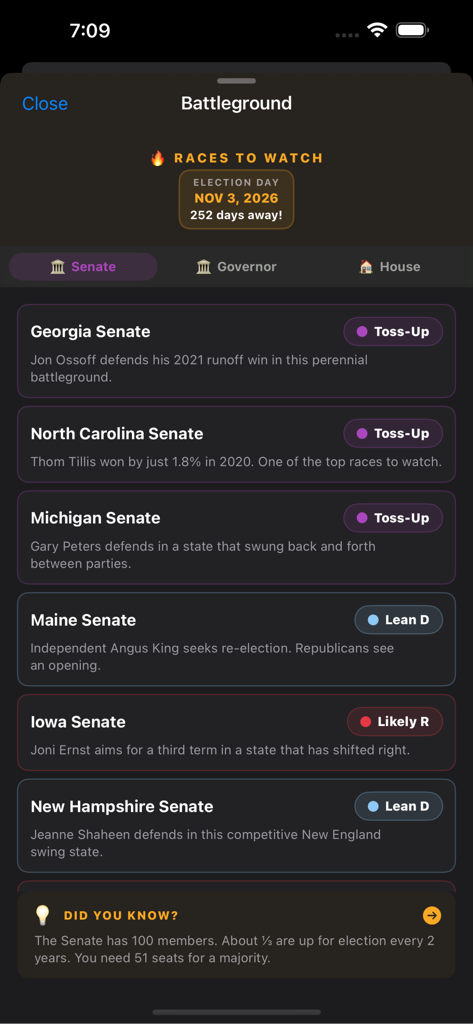 Election Explorer: 2026 Map - Interface of Election Explorer app showing 2026 Senate battleground races with toss-up and lean statuses.