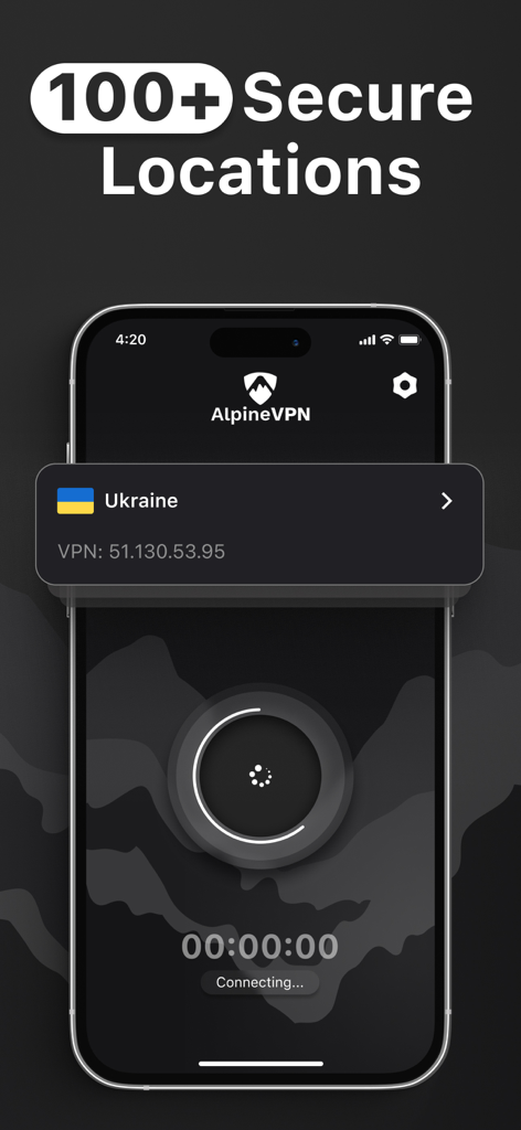 Interfaccia dell'app AlpineVPN su un iPhone che evidenzia oltre 100 posizioni di server sicure.