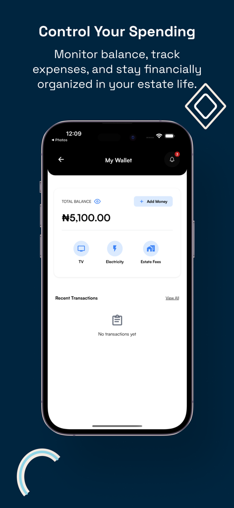 Startimes Estate - Tela da carteira do aplicativo Startimes Estate mostrando o saldo total e as opções de pagamento para eletricidade de TV e taxas de condomínio