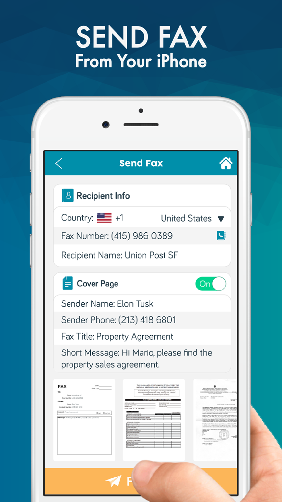 Interface of the FAX from iPhone app showing recipient information and cover page options.