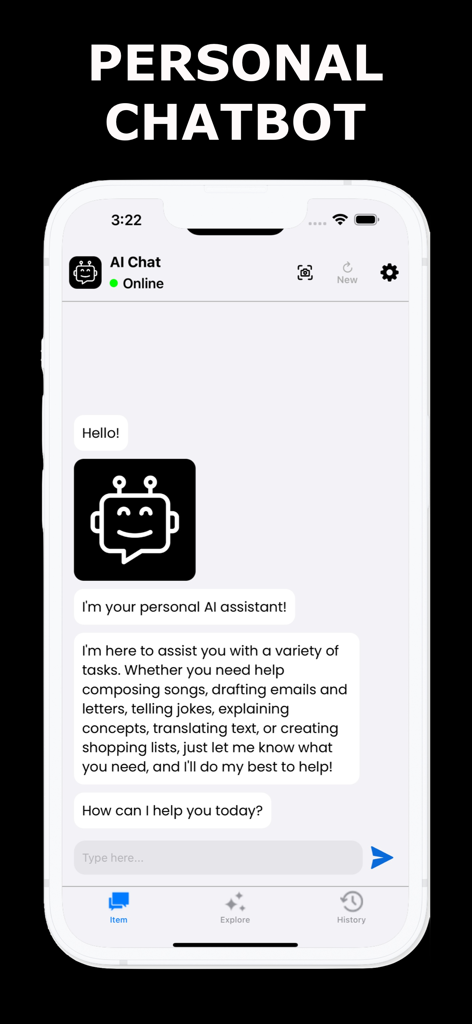 AI Chat Assistant : AIChat - Screenshot of the AI Chat Assistant mobile app showing a personal chatbot welcome message with productivity features.