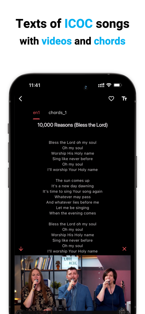 Smartphone screen showing the ICOC app with lyrics for the song 10,000 Reasons and a worship video at the bottom.