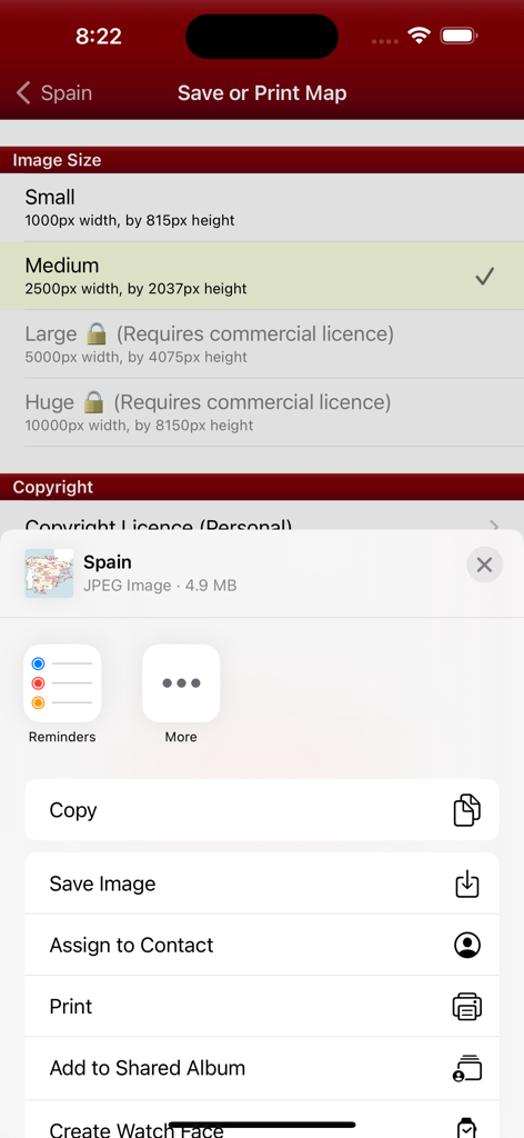 Interface de l'application Wine Maps permettant d'enregistrer ou d'imprimer des cartes avec options de taille d'image et de licence