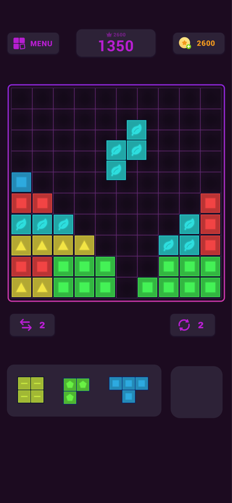 Block Puzzle - Puzzle Games * - Una cuadrícula minimalista de juego de rompecabezas de bloques en modo oscuro con bloques geométricos coloridos