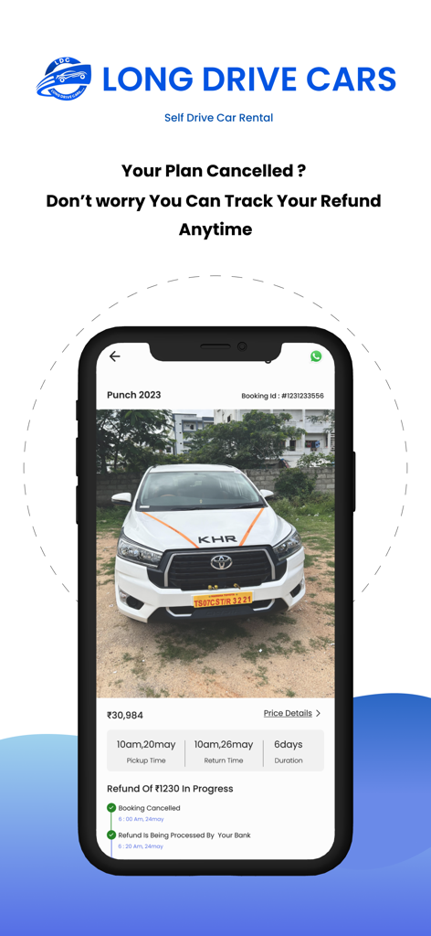 Long Drive Cars - Car Rental - Benutzeroberfläche der Langstreckenautos-App, die den Rückerstattungsstatus für eine stornierte Mietwagenbuchung anzeigt