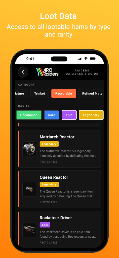 ARC Intel: A Raiders Database - Loot data screen in the ARC Intel app showing item rarity filters and a list of recyclable materials for ARC Raiders.