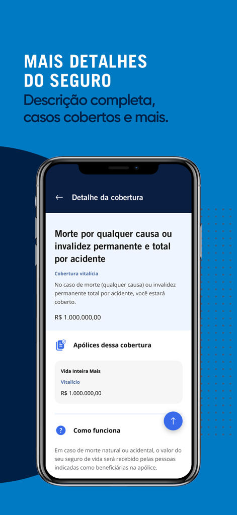 Pantalla de aplicación móvil que muestra los detalles de cobertura de seguro de Prudential Seguros en portugués