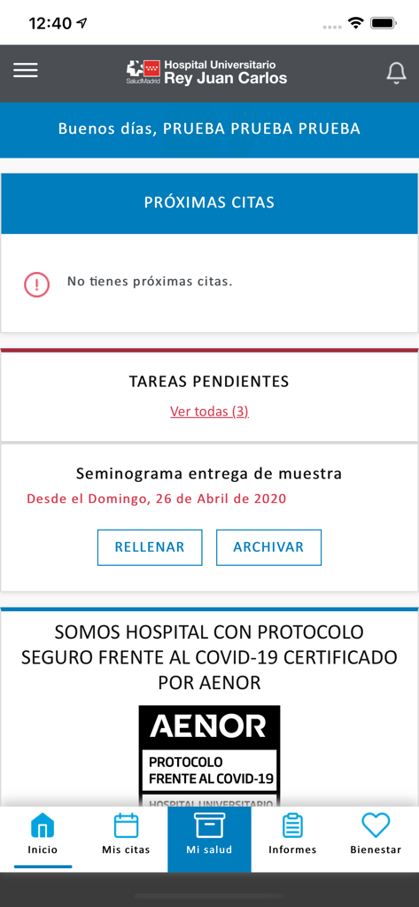 H.U Rey Juan Carlos - Main dashboard of the H.U. Rey Juan Carlos hospital app showing upcoming appointments and pending health tasks.