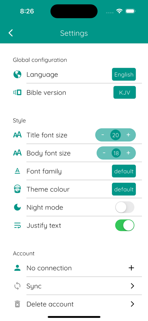 ionBible: Read, Study & Listen - Settings screen of the ionBible app displaying customization options for font size, language, theme, and account synchronization.