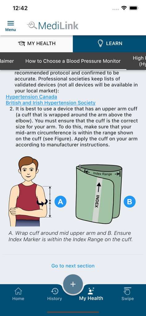 MediLink by BIOS - Educational guide for blood pressure cuff placement in the MediLink app