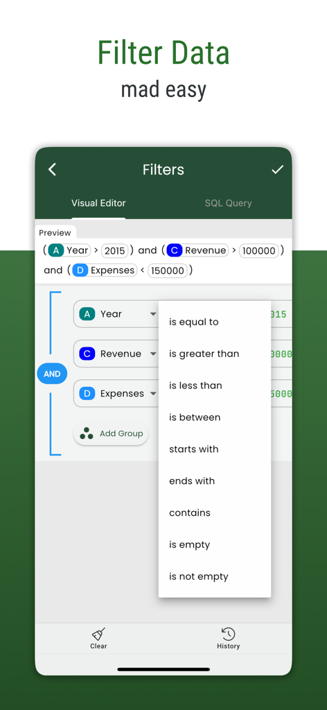 CSV File Viewer - Smart CSV - Visual data filter screen in the Smart CSV app showing logic operators and query builder.