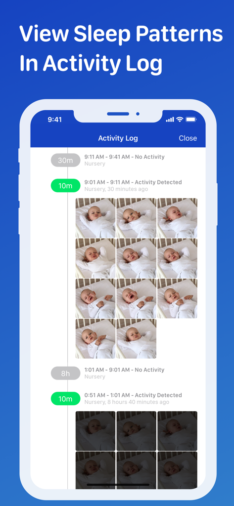 A screenshot of the Cloud Baby Monitor activity log displaying sleep patterns and baby photos