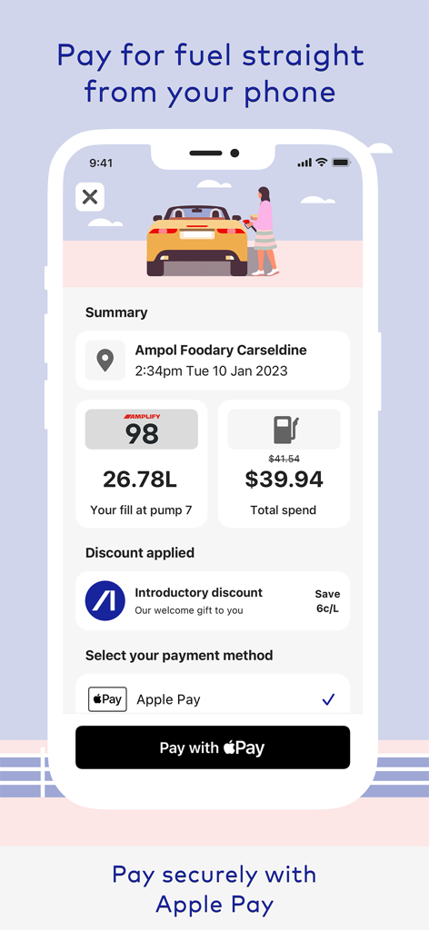 Ampol - Ampol app fuel payment summary screen showing a discount and Apple Pay checkout option