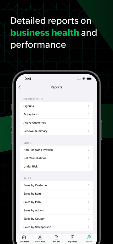 Zoho Billing app screenshot showing detailed reports on subscriptions churn and sales