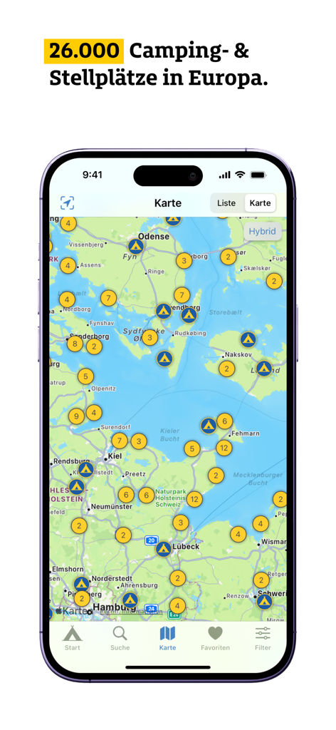 Vista del mapa de la app ADAC Camping 2026 mostrando campings en toda Europa