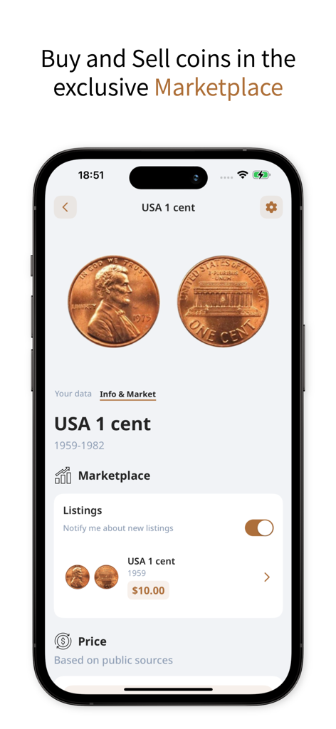 ScanCoin: identify & check - ScanCoin app screen displaying a USA one cent coin marketplace listing with price information