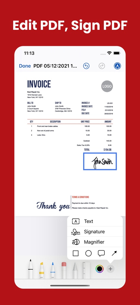 PDF Merge - Combine & Join PDF - Mobile interface for editing and signing a PDF invoice with a digital signature tool