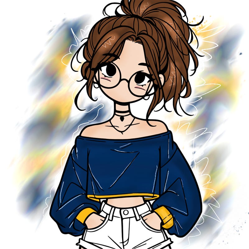 girl with a messy ponytail glasses a baggy crop top and jean shorts