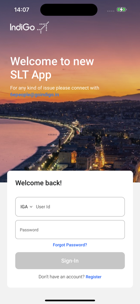 Login screen for the 6E Breez Lite Staff Leisure Travel app for IndiGo employees