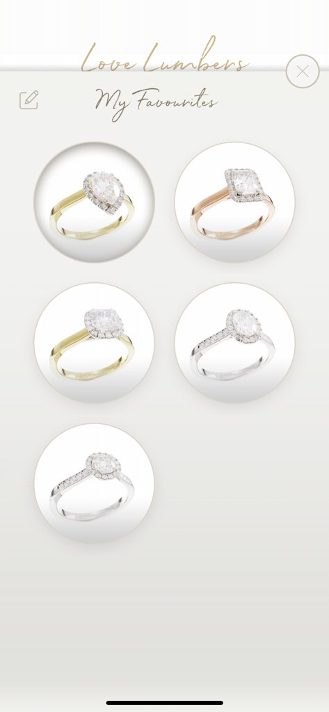 Engagement Ring Designer - My Favourites screen in the Engagement Ring Designer app featuring several custom diamond engagement rings
