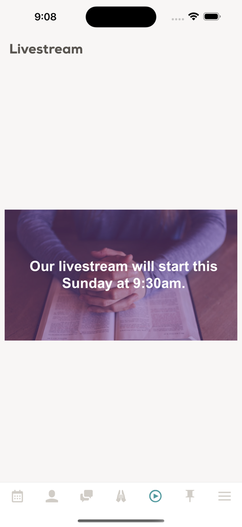 Church Social - Livestream screen in the Church Social app showing a prayer image and Sunday service start time.
