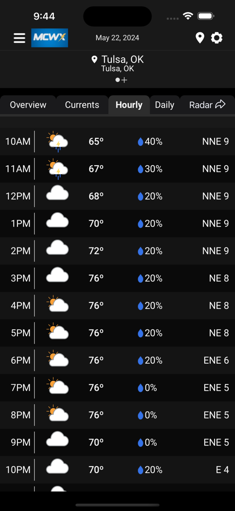 MCWX - The MCWX weather app displaying an hourly forecast for Tulsa Oklahoma including temperatures and rain chances