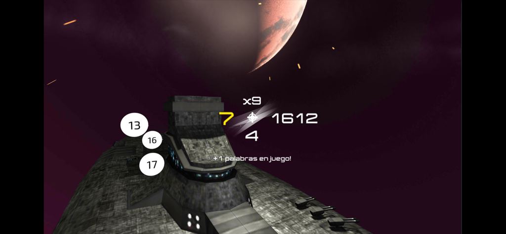 A first person view of a space themed virtual reality educational game showing math problems and floating numbers on a futuristic space station.