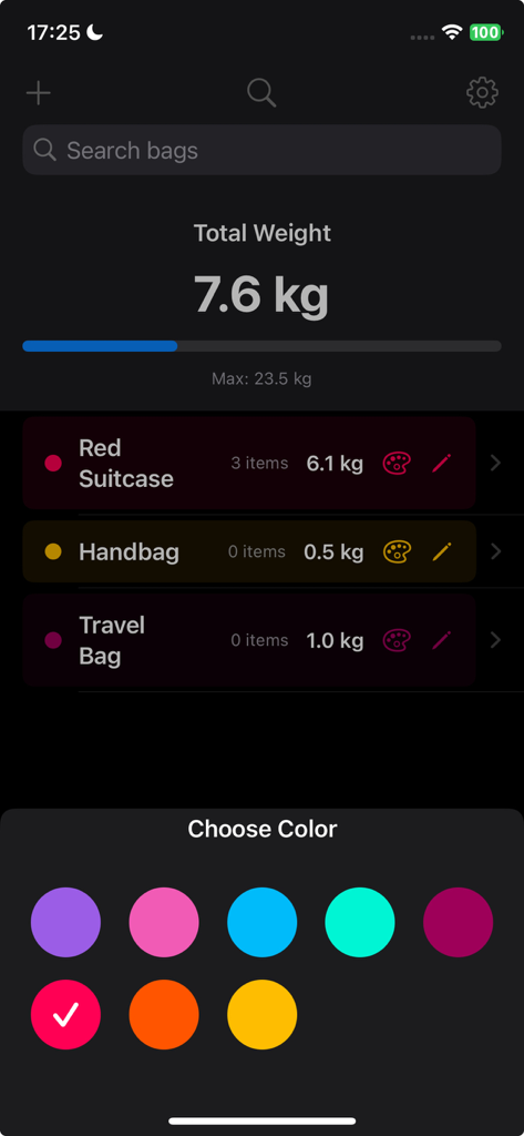 Bagga Calc app interface showing luggage weight tracking and color customization for different bags.