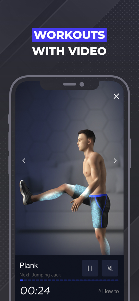 A 3D animated trainer demonstrating a workout exercise on the Fitcher app interface with a timer