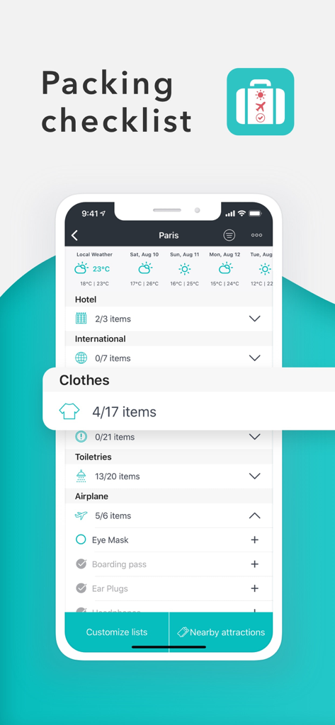 iPhone screen showing the Packr app packing checklist for a trip to Paris including weather forecast and categories like clothes and toiletries