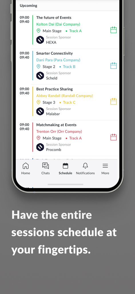 Packaging Plus - A mobile app screenshot showing a conference schedule with event sessions and times