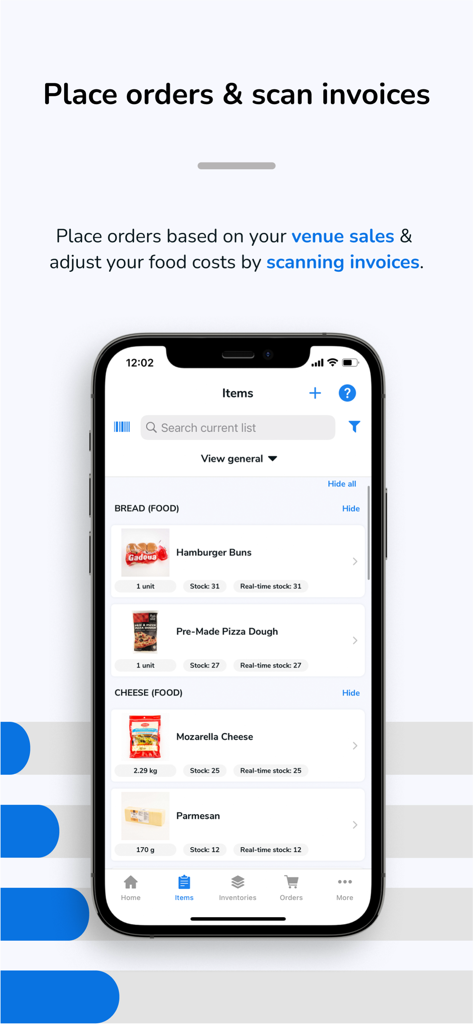 WISK.ai mobile app screen showing real-time stock levels for food items like hamburger buns and mozzarella cheese
