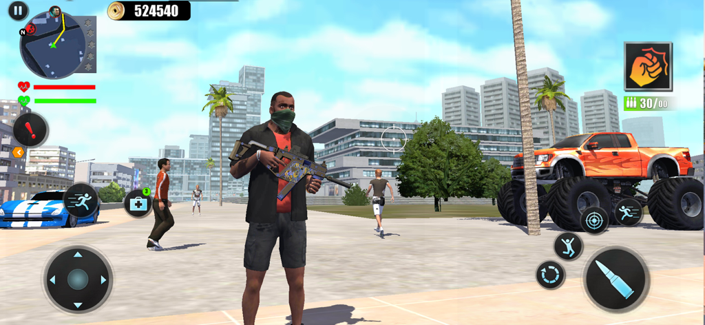 Hero Gangster City Gang Battle - Personaje de Cole Jaxon sosteniendo un arma en un entorno urbano con un monster truck y un coche deportivo