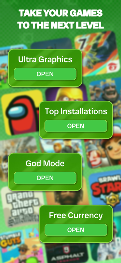 HapMod : Happy Game Mods - Interfaz de la aplicación HapMod mostrando opciones de mod de juego como Modo Dios y Moneda Gratis