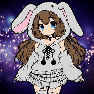 pretty anime girl wearing a fluffy hoodie with bunny ears on the hood and a skirt